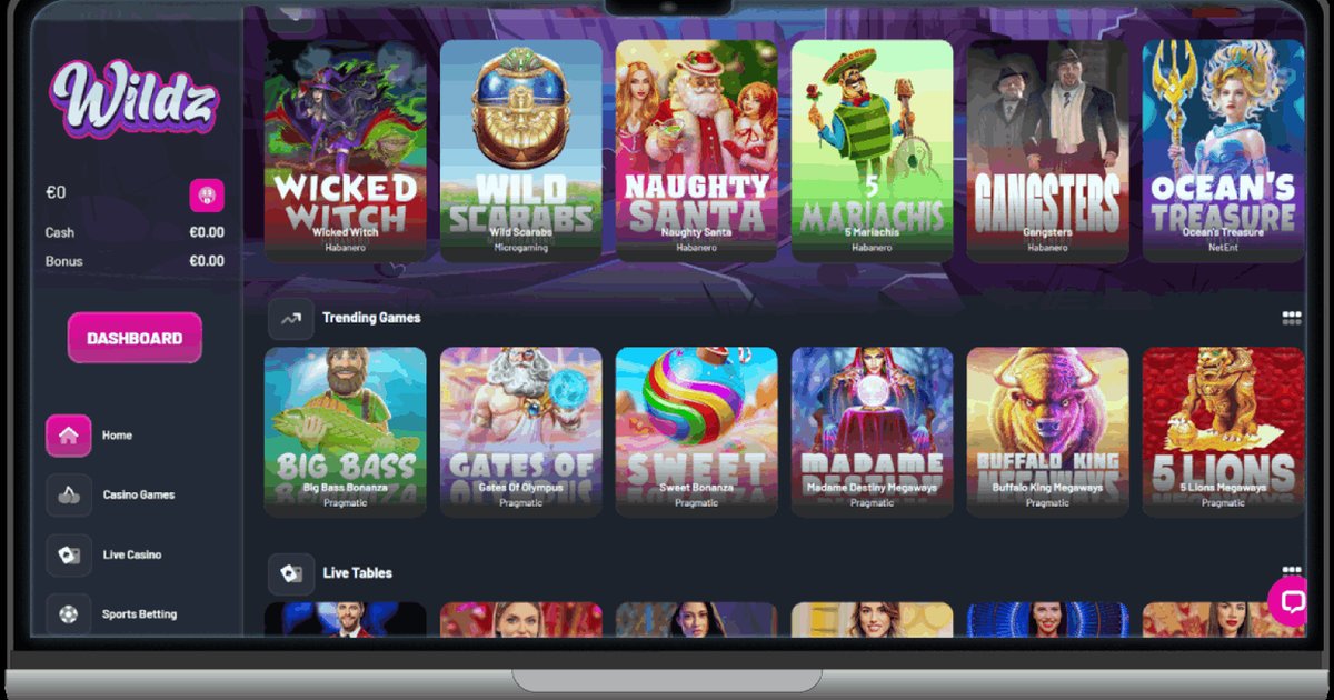 Interface Wildzy Casino - free spins sans conditions de mise